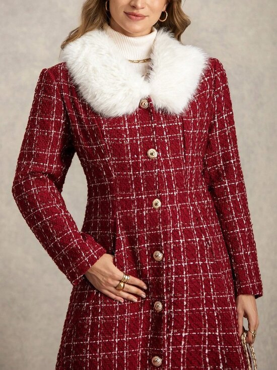 Jackets & Blazers - Red Elegant Women's Contrast Faux Fur Plaid Double-Breasted Midi Overcoat
